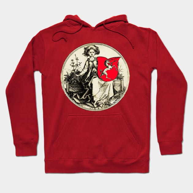 MEDIEVAL LADY HOLDING A SHIELD WITH RAMPANT UNICORN in Black White Red Hoodie by BulganLumini